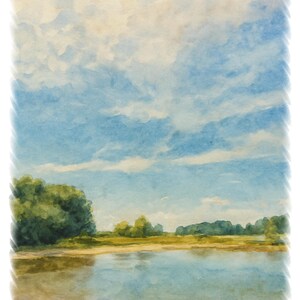 Könnte beinhalten: Aquarellmalerei einer ruhigen Landschaft mit blauem Himmel und Wolken über einem ruhigen See. Grüne Bäume säumen das ferne Ufer, und ein Sandstrand befindet sich im Vordergrund. Signiert "Ulrich Schneider 2025".
