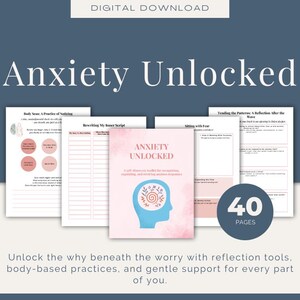 May include: A digital download for an anxiety workbook with 40 pages of exercises and reflection tools. The cover features a pink and blue illustration of a brain with a swirl inside.