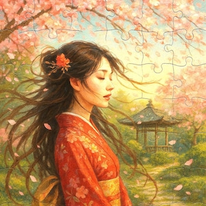 jigsaw puzzle　Japanese woman with hair fluttering in the cherry blossom snowstorm
