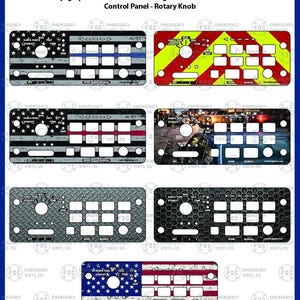 May include: A collection of seven rectangular vinyl graphic skins for the Soundoff Signal bluePRINT 500 Series control panel with rotary knob. Designs include American flag patterns, high-visibility yellow, and textured metal finishes.