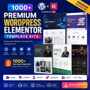 May include: A digital collection of 1000+ premium WordPress Elementor template kits featuring responsive website designs for business, e-commerce, portfolios, and agencies. Includes icons for one-click import, expert support, and lifetime updates.