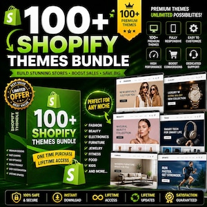 May include: A digital marketing graphic for a 100+ Shopify themes bundle. The image features the Shopify logo, text highlighting premium themes, lifetime access, and one-time purchase. It displays various website mockups for fashion, beauty, and tech.