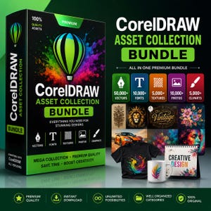 May include: A CorelDRAW Asset Collection Bundle box featuring a hot air balloon logo, text detailing 50,000+ vectors, 10,000+ fonts, 5,000+ textures, 10,000+ photos, and 5,000+ cliparts. Includes a black t-shirt, a white mug, and a creative design calendar.