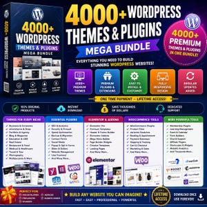 May include: A digital product advertisement for a 4000+ WordPress themes and plugins mega bundle. The graphic features bold text, icons, and lists of categories including SEO, WooCommerce tools, and Elementor addons for website building.