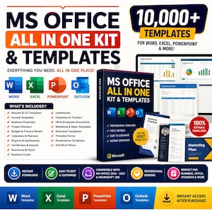 May include: A digital product bundle titled MS Office All In One Kit & Templates featuring over 10,000 editable templates for Word, Excel, PowerPoint, and Outlook. The display includes a list of included document types, software icons, and a box graphic.