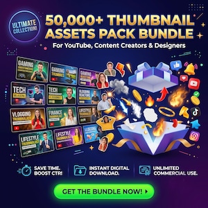 May include: A digital asset bundle featuring 50,000+ thumbnail assets for YouTube and content creators. The graphic displays various thumbnail examples, a purple gift box exploding with icons, and text including "ULTIMATE COLLECTION!" and "GET THE BUNDLE NOW!"