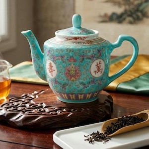 Könnte beinhalten: Eine türkisfarbene Keramik-Teekanne mit Deckel, Henkel und Ausguss. Die Teekanne weist florale und scrollende Muster in Rot, Rosa und Gold auf. Die Teekanne steht auf einem dunklen Holzsockel, mit einer kleinen Schaufel Teeblättern und einem weißen Tablett.
