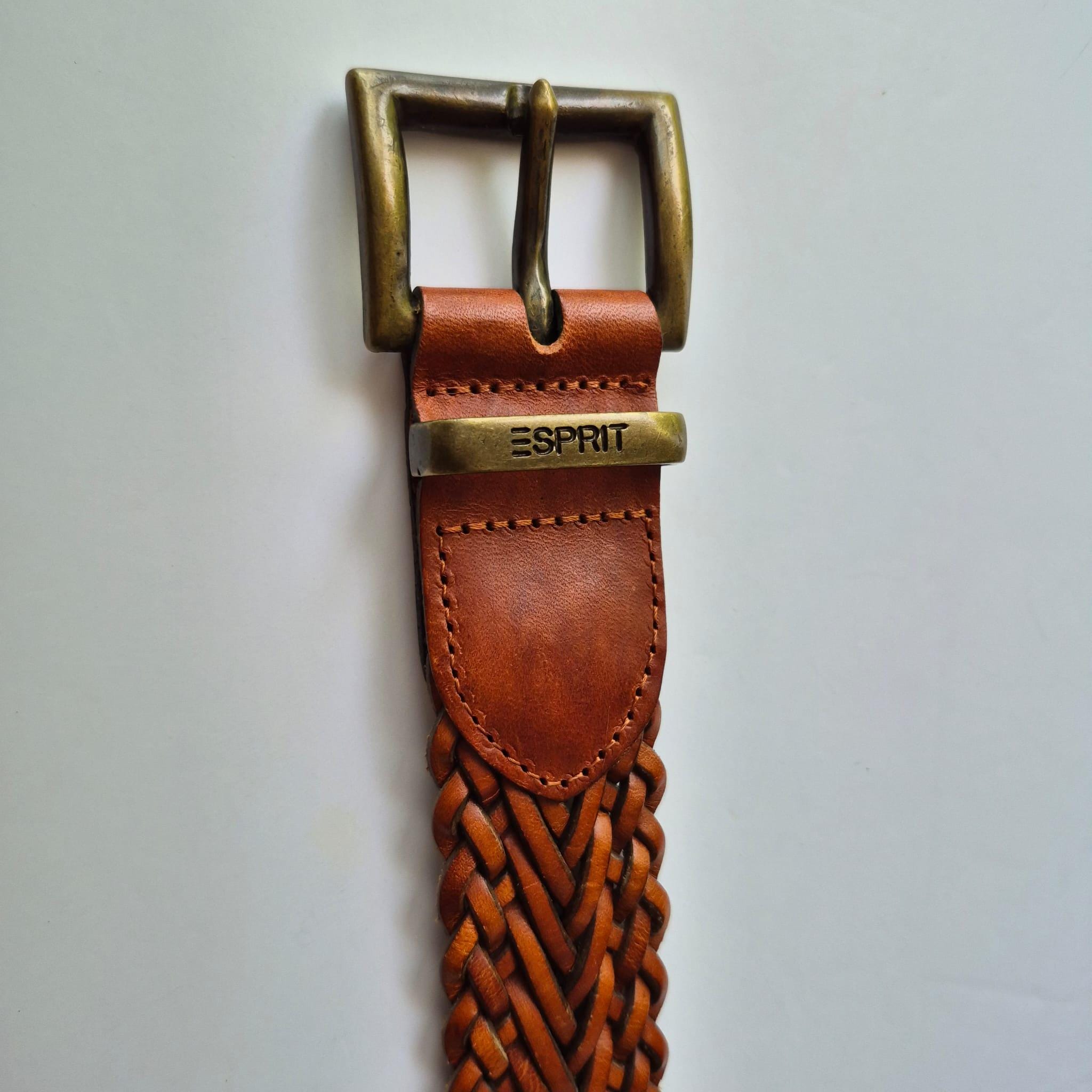 Vintage Esprit Brown Woven Leather Belt, Brass Buckle, 36 