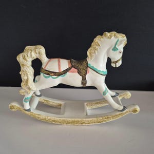 Vintage Porcelain Rocking Horse , Hand Painted Pink & Turquoise , 9&quot; x 5.5&quot; , Handmade Collectible Nursery Decor