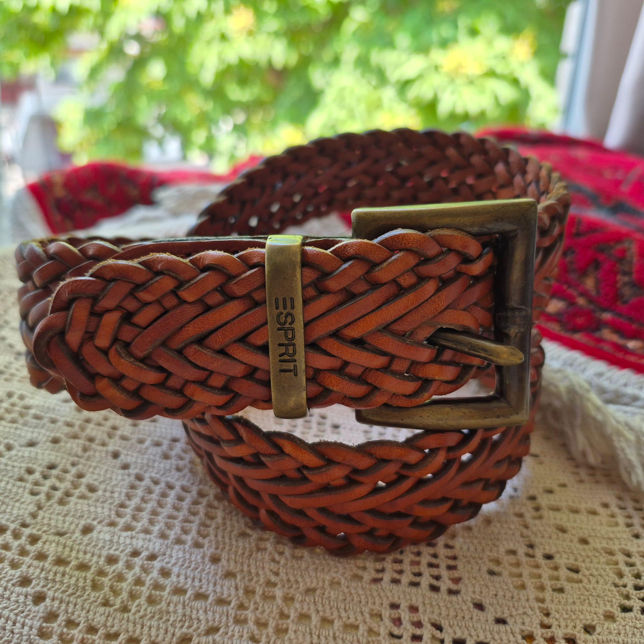 Vintage Esprit Brown Woven Leather Belt, Brass Buckle, 36  display picture 2