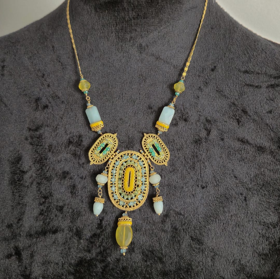 Vintage Paris Filigree Satellite Necklace, Aqua & Amber-color Glass