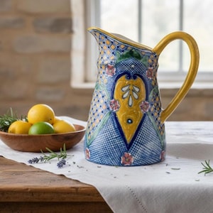Signed Uriarte Talavera Pottery Pitcher, Large Mexican Earthenware Vase, Hand-Painted Antique Ceramic Art