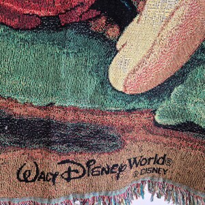 May include: Woven tapestry featuring a colorful design with the words "Walt Disney World" in black. The tapestry has a fringed edge and a mix of green, red, and tan hues.