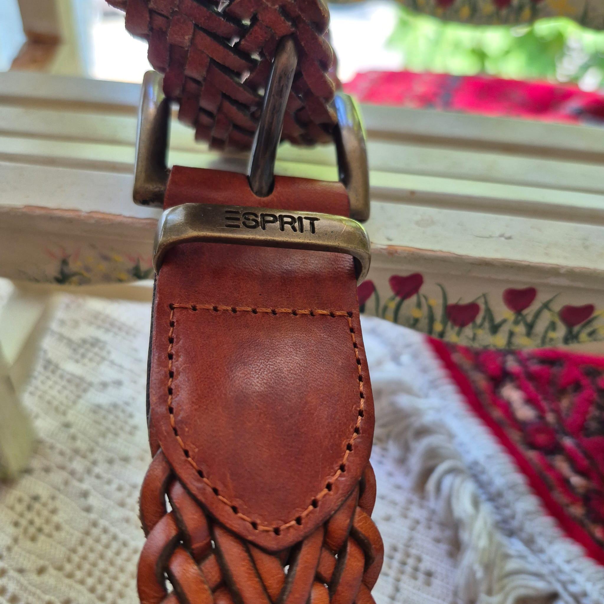 Esprit Antique Brass Buckle Leather Belt medium Vintage Esprit Brown Woven Leather Belt, Brass Buckle, 36  main image 3