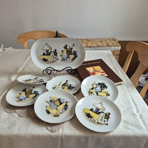 VTG KAHLA cheese & Wine serving  collector plates and tray set from  GDR , country kitchen decor , Rustic Still Life Porcelain Set