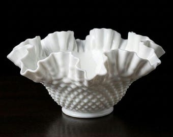 Vintage Fenton White Milk Glass Hobnail Ruffle Bowl 10"