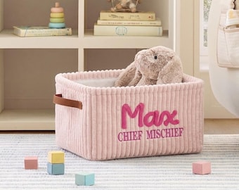 Cesta de almacenamiento de pana personalizada / Caja de juguetes personalizada para la habitación del bebé / Regalo para baby shower / Organizador con bordado de nombre en 3D / Decoración para la habitación infantil