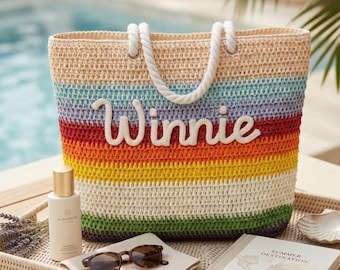 Bolso de paja con nombre personalizado, bolso de playa tejido a rayas, bolso de vacaciones de verano personalizado, bolso bohemio bordado