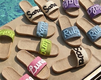 Pantuflas personalizadas de algodón y lino / Recuerdos personalizados para despedida de soltera / Pantuflas de regalo para damas de honor / Zapatos para bodas en la playa / Nombre en cuerda 3D