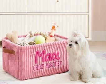 Caja de juguetes personalizada para mascotas con parches de chenilla / Caja de almacenamiento de juguetes para perros / Regalo personalizado para mamás perrunas / Cesta con bordado de letras 3D / Organizador de pana