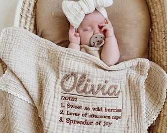 Ropa de cama infantil estilo boho, manta de muselina personalizada, decoración infantil estilo cottagecore, manta de encaje con nombre personalizado, regalo de baby shower de estilo vintage