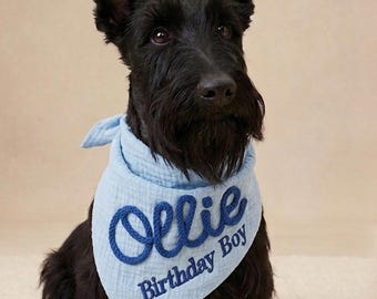 Custom Dog Bandana with 3D Rope Embroidery Name | Personalized Cotton Muslin Pet Scarf | Dog Birthday Boy Girl Gift | Cute Puppy Accessories