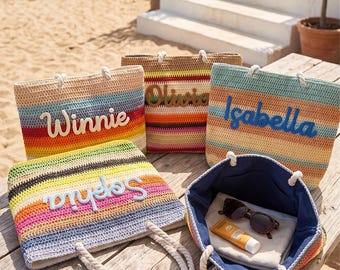 Bolso de playa tejido personalizado / Bolso de ganchillo a rayas con nombre personalizado / Regalo para viaje de chicas / Bolso de paja de verano para despedida de soltera