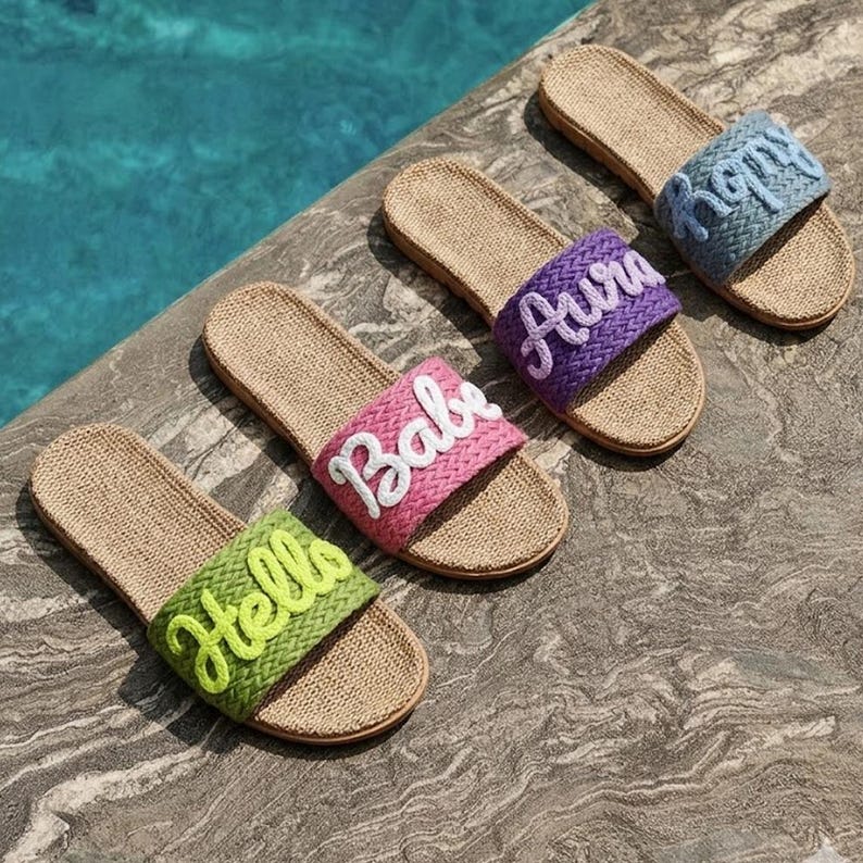 K&ouml;nnte beinhalten: Drei Paar Schlupfsandalen mit beigen, geflochtenen Jute-Fu&szlig;betten und strukturierten Riemen. Der gr&uuml;ne Riemen zeigt das Wort Hello, der pinke das Wort Babe, der violette das Wort Aura und der blaue Riemen das Wort Hapy in erhabener Schrift.