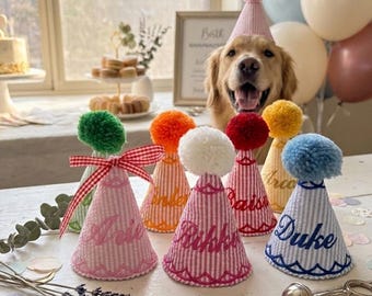 Personalized Dog Birthday Bandana and Hat Set, Custom Embroidered Gingham Pet Party Outfit, Puppy 1st Gotcha Day Accessories, Cat Dog Gift