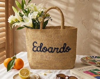 Bolso de playa de rafia personalizado, bolso de paja bordado a medida, bolso de mimbre para luna de miel, accesorio para vacaciones de verano, bolso de viaje a la playa personalizado