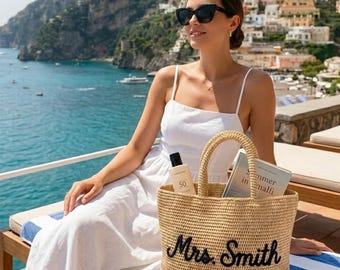 Bolso de playa de rafia personalizado, bolso de paja bordado a medida, regalo de luna de miel para la novia, cesta tejida para despedida de soltera, vacaciones de verano.