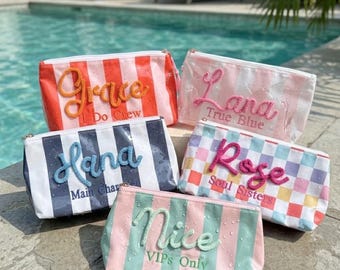 Neceser de maquillaje personalizado a rayas, neceser impermeable esmerilado, recuerdo para despedida de soltera, organizador de artículos de aseo para viajes de verano.