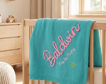 Manta de punto personalizada para bebé, bordado personalizado en cuerda 3D con nombre y mensaje, regalo para baby shower de recién nacido, ropa de cama suave para la habitación del bebé, recuerdo único.