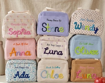 Personalized Corduroy Lunch Bag, Custom 3D Rope Embroidered Name Lunch Box, Cute Kids Snack Tote, Back to School Gift, Women Insulated Pouch