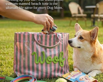 Bolso personalizado para mamás perrunas, bolso impermeable de PVC para mascotas, bolsa de playa personalizada con nombre en 3D, regalo de viaje a rayas para cachorros, bolso para vacaciones de verano.