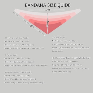 May include: A bandana size guide chart featuring a triangular graphic with neck, length, and drop labels. It lists sizes from XS to XL with corresponding neck measurements in inches, drop and length in inches, and examples of dog breeds for each.