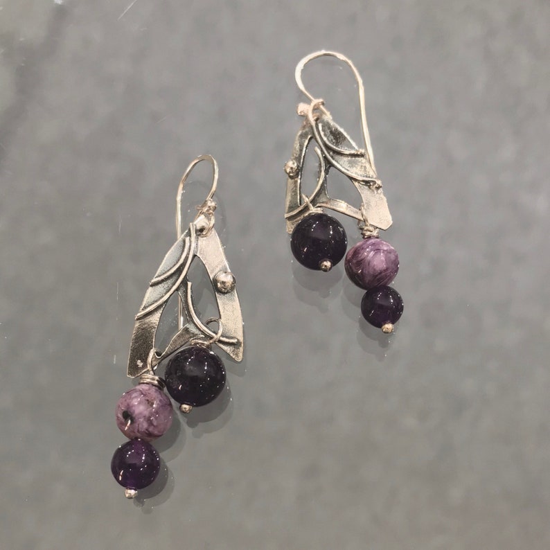 wings,earrings,sterling earrings,unique jewelry,charoite,amethyst Butterfly regina marie,handcrafted jewelry,beaded etsymetal team
