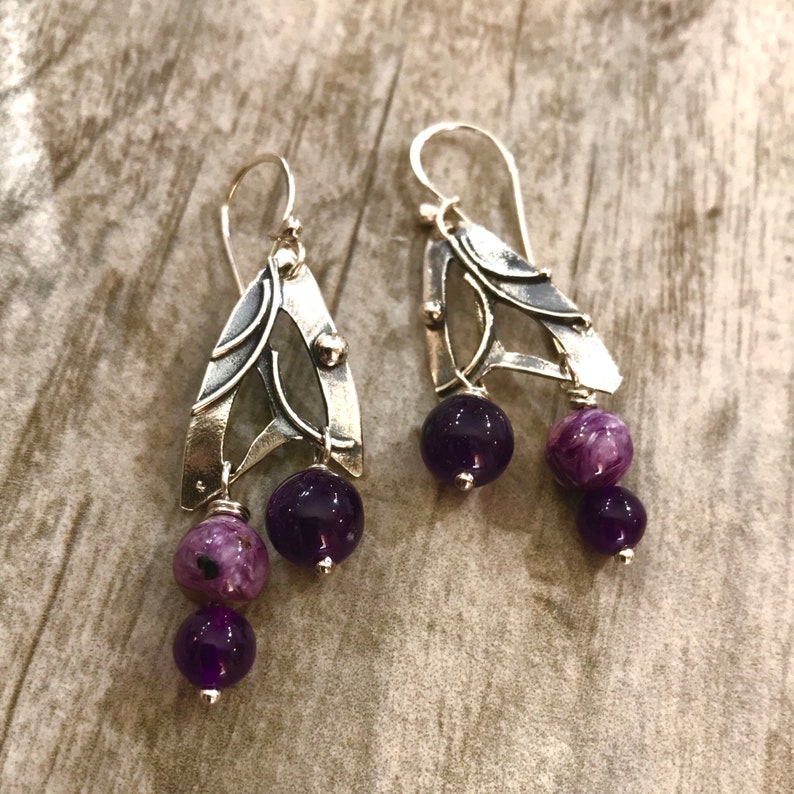 wings,earrings,sterling earrings,unique jewelry,charoite,amethyst Butterfly regina marie,handcrafted jewelry,beaded etsymetal team