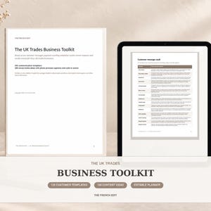 May include: A digital business toolkit featuring a printed document titled The UK Trades Business Toolkit and a tablet displaying a customer message vault. The toolkit includes 105 communication templates, 100 social media ideas, and an editable planner for trades businesses.