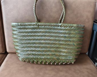 Dark Green Flat-mouthed Woven Bag Genuine Leather Woven Basket Women's Bag,Gift For Her ,Gift For Wife