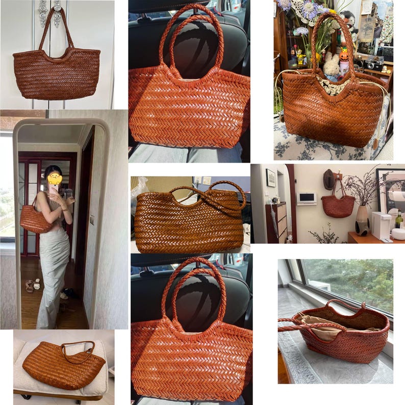 K&ouml;nnte beinhalten: Eine Sammlung von geflochtenen braunen Tragetaschen mit geflochtenen Henkeln. Die Taschen variieren in Gr&ouml;&szlig;e und Form, einige haben ein rechteckiges Design, andere eine rundere Form. Das Material scheint eine Naturfaser zu sein, was ihnen eine rustikale, sommerliche &Auml;sthetik verleiht.