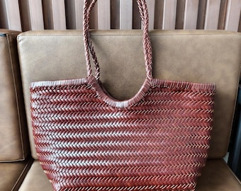 Kaffee gewebte Tasche aus echtem Leder gewebt Korb Damentasche, große und kleine Taschen, Geschenk für sie, Geschenk für Frau