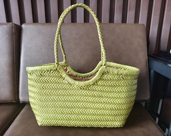 Light Green Woven Bag Genuine Leather Woven Basket Women's Bag,Gift For Her ,Gift For Wife