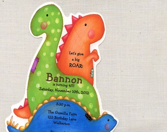 5 Dinosaur Birthday Party Invitations - T-Rex - Stegosaurus - Brontosaurus - Ready to Mail - Printed - Personalized - Free Shipping