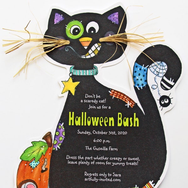 10 Personalized Black Cat Happy Halloween or Birthday Party Invitations - Handcut and Personalized