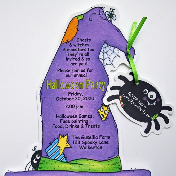 10 Witch's Hat Happy Halloween Birthday Party Invitations - Purple - Ready to Mail - Sara Jane - Artfully Invited - Free Shipping