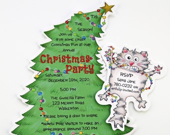 10 Christmas tree - Christmas Birthday Party Invitations - Personalized - Printed -cat- Christmas kitty -silly Christmas- Artfully Invited