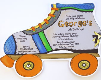 10 Boy Roller Skate - Birthday - Party - Invitations - Personalized - 5x7 Invite - Handmade - Blue - Orange - Artfully Invited