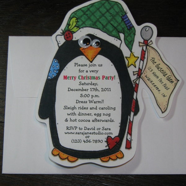 7 Penguin - Christmas - Birthday Party Invitations - Holiday Party - Personalized - Printed - Handcut - North Pole - Artfully Invited