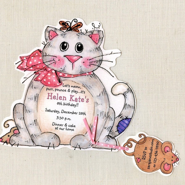 Personalized and Handcut Invitations - Birthday Party Invitations - Kitty Cat Birthday Party Invitations - Set of 15